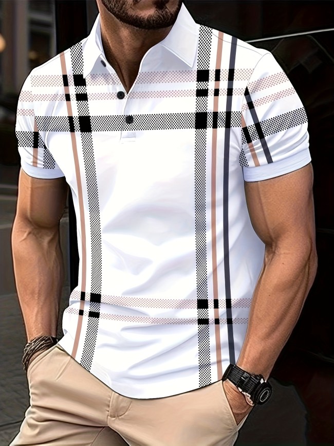 Retro Classic Plaid Print Men's Short Sleeve Lapel Shirt For Summer Outdoor