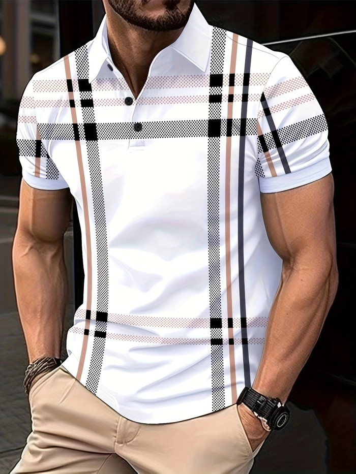 Retro Classic Plaid Print Men's Short Sleeve Lapel Shirt For Summer Outdoor