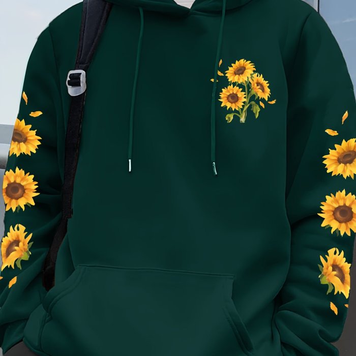 Sunflower Print Men's Pullover Round Neck Hoodies With Kangaroo Pocket Long Sleeve Hooded Sweatshirt Loose Casual Top For Autumn Winter Men's Clothing As Gifts