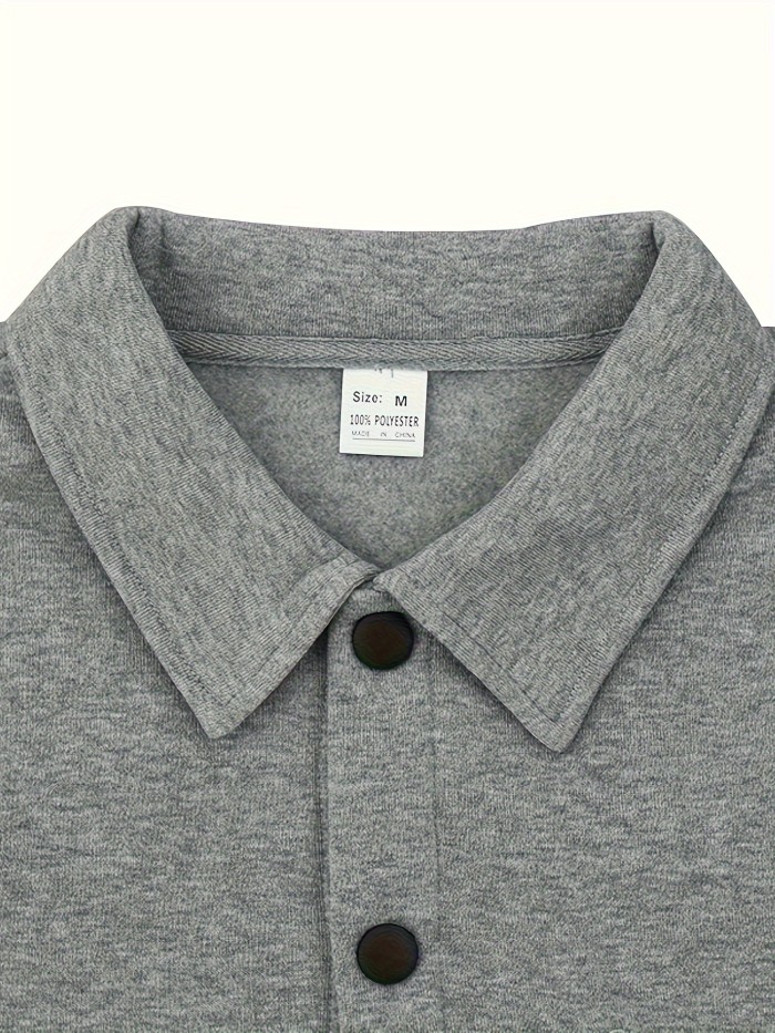 Men's Solid Fleece Jacket With Chest Pockets, Casual Breathable Lapel Button Up Long Sleeve Outwear For Outdoor Activities