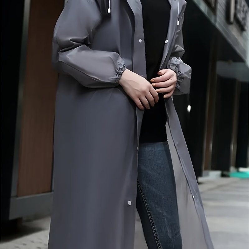 Unisex Solid Hooded Long EVA Raincoat With Long Sleeve And Button Up Placket, Waterproof And Versatile Jacket
