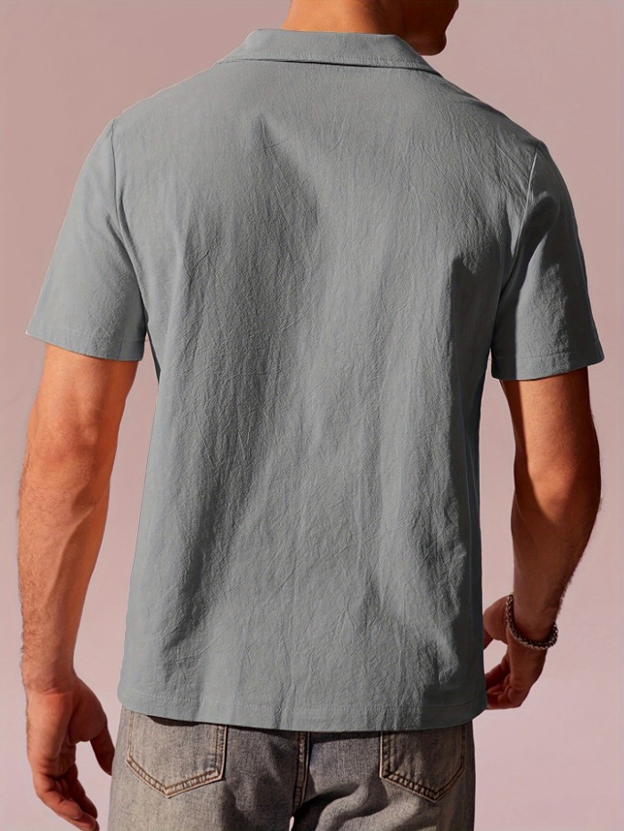 Men's Casual Beige Short Sleeve Shirt, 100% Cotton Breathable Top With Unique Design, Classic Versatile, Simple Fashion, Street Style For Spring Summer