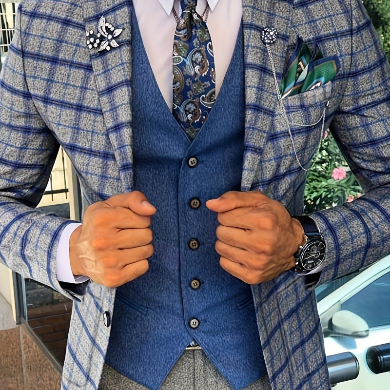Plus Size Men's Casual Plaid Blazer, Notch Lapel, Elegant Stylish Business Attire