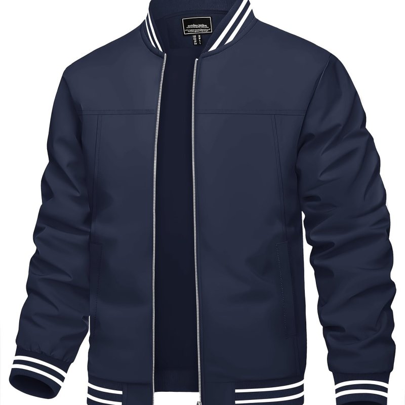 Wohthops Men's Lightweight Casual Jacket Spring Fall Fashion Windbreaker Full Zip Breathable Stand Collar Coat With Pocket Classic Pilot Jacket with Rib knit Cuffs and Hem Thermal and Elastic Fabric for Dating Party Camping Fishing and Daliy Wear