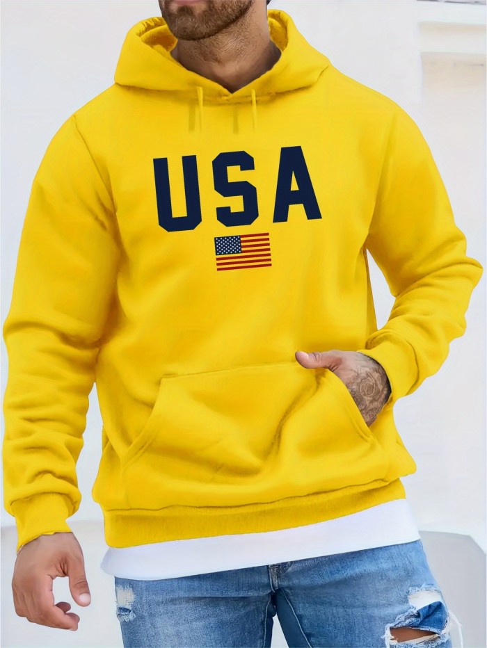 USA Print Hoodie, Cool Hoodies For Men, Men's Casual Pullover Hooded Sweatshirt With Kangaroo Pocket Streetwear For Winter Fall, As Gifts