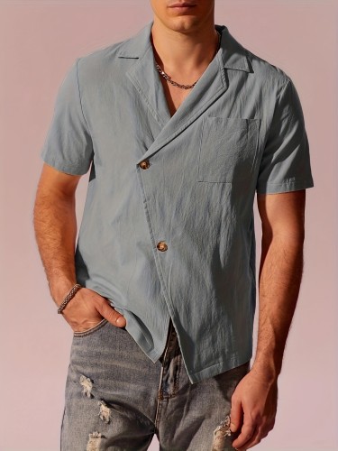 Men's Casual Beige Short Sleeve Shirt, 100% Cotton Breathable Top With Unique Design, Classic Versatile, Simple Fashion, Street Style For Spring Summer