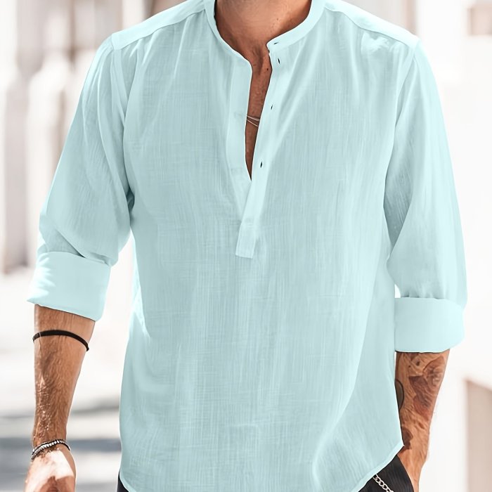 Classic Design Cotton Boat Neck Henley Shirt, Men's Casual Fit Vintage Style Long Sleeve Top For Spring Fall