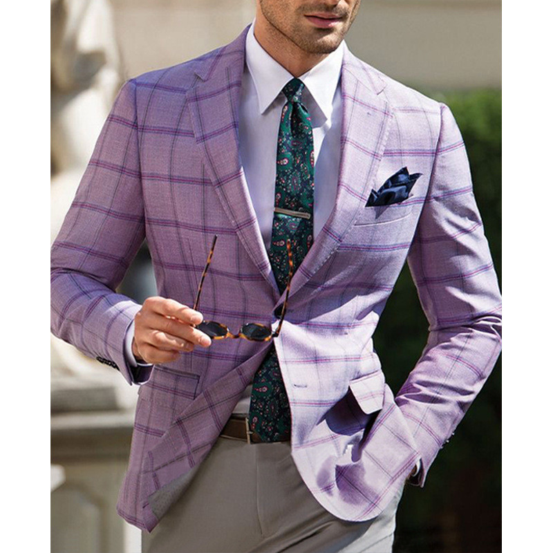 Light Business Style Men's Plaid Pattern Design Single Breasted Linen Blazer Jacket, Lapel Collar Regular Fit Leisure Party Dress Coat