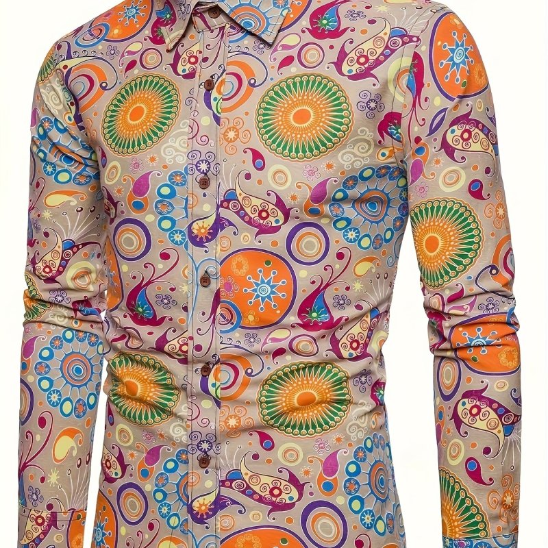 Mens 70s Disco Linen Shirts Casual Paisley Tops Floral Vintage Long Sleeve Shirt
