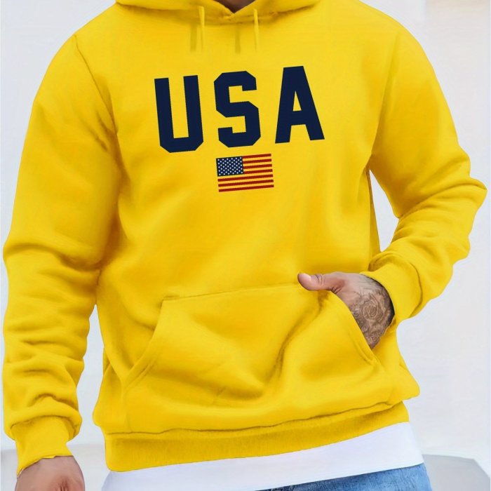 USA Print Hoodie, Cool Hoodies For Men, Men's Casual Pullover Hooded Sweatshirt With Kangaroo Pocket Streetwear For Winter Fall, As Gifts