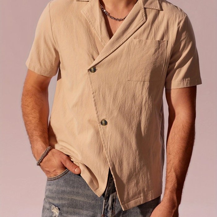 Men's Casual Beige Short Sleeve Shirt, 100% Cotton Breathable Top With Unique Design, Classic Versatile, Simple Fashion, Street Style For Spring Summer