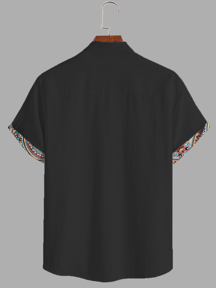 Men's Color Block Ethnic Style Patchwork Short Sleeve Button Down Stand Collar Shirt For Summer Resort Holiday, Hawaiian Style Cardigan