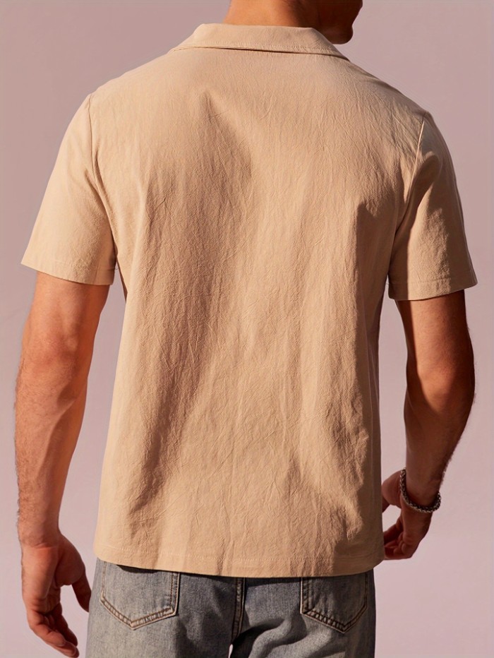 Men's Casual Beige Short Sleeve Shirt, 100% Cotton Breathable Top With Unique Design, Classic Versatile, Simple Fashion, Street Style For Spring Summer