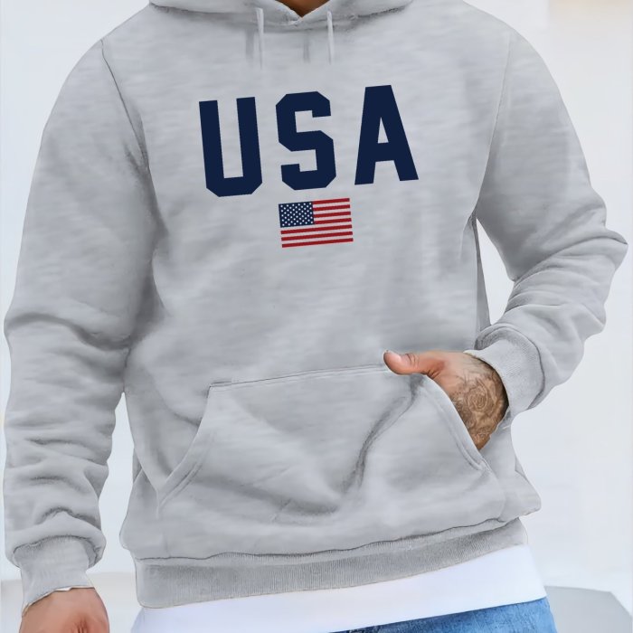 USA Print Hoodie, Cool Hoodies For Men, Men's Casual Pullover Hooded Sweatshirt With Kangaroo Pocket Streetwear For Winter Fall, As Gifts