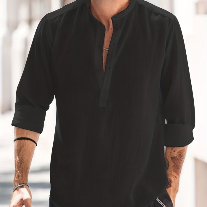 Classic Design Cotton Boat Neck Henley Shirt, Men's Casual Fit Vintage Style Long Sleeve Top For Spring Fall