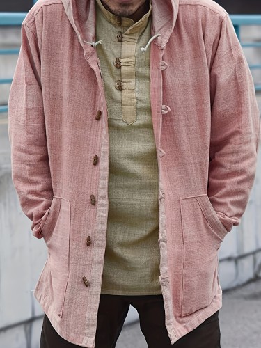 Chic Design Men's Solid Hooded Button Up Long Sleeve Coat With Pockets, Casual And Comfy Pure Cotton Jacket For Outdoors Leisurewear