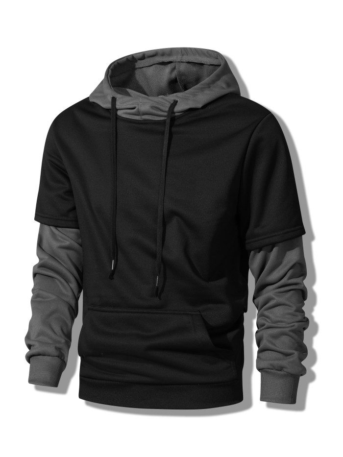 Faux Two-piece Hoodie, Cool Hoodies For Men, Men's Casual Color Block Design Pullover Hooded Sweatshirt With Kangaroo Pocket Streetwear For Winter Fall, As Gifts