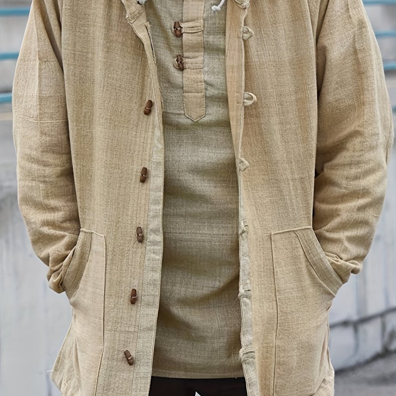 Chic Design Men's Solid Hooded Button Up Long Sleeve Coat With Pockets, Casual And Comfy Pure Cotton Jacket For Outdoors Leisurewear