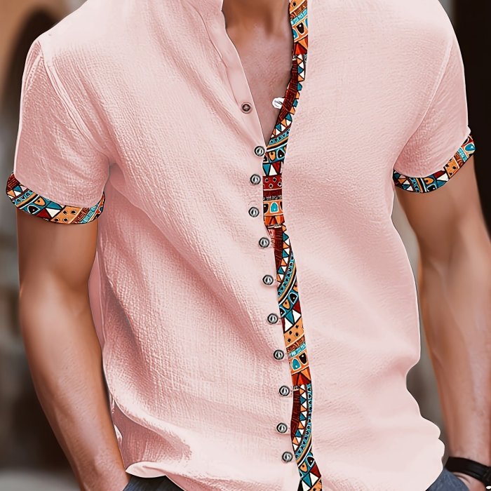 Men's Color Block Ethnic Style Patchwork Short Sleeve Button Down Stand Collar Shirt For Summer Resort Holiday, Hawaiian Style Cardigan
