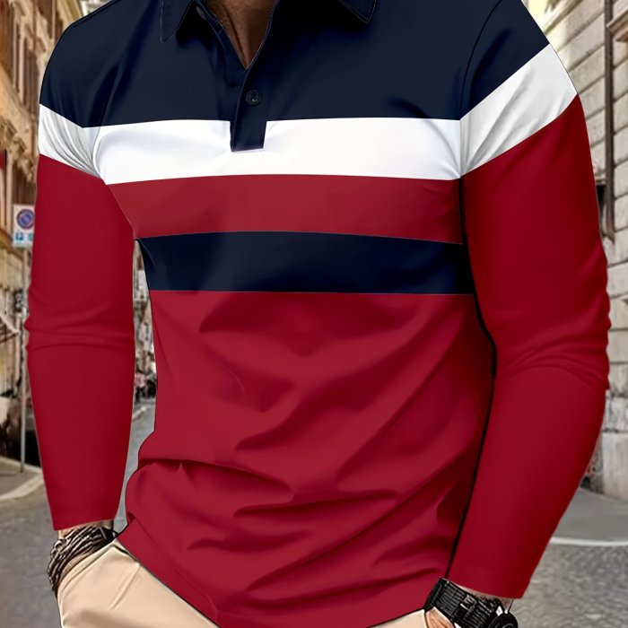 Men's Casual Color Block Lapel 1\u002F4 Button Short Sleeve Shirt For Men's Fitness Training