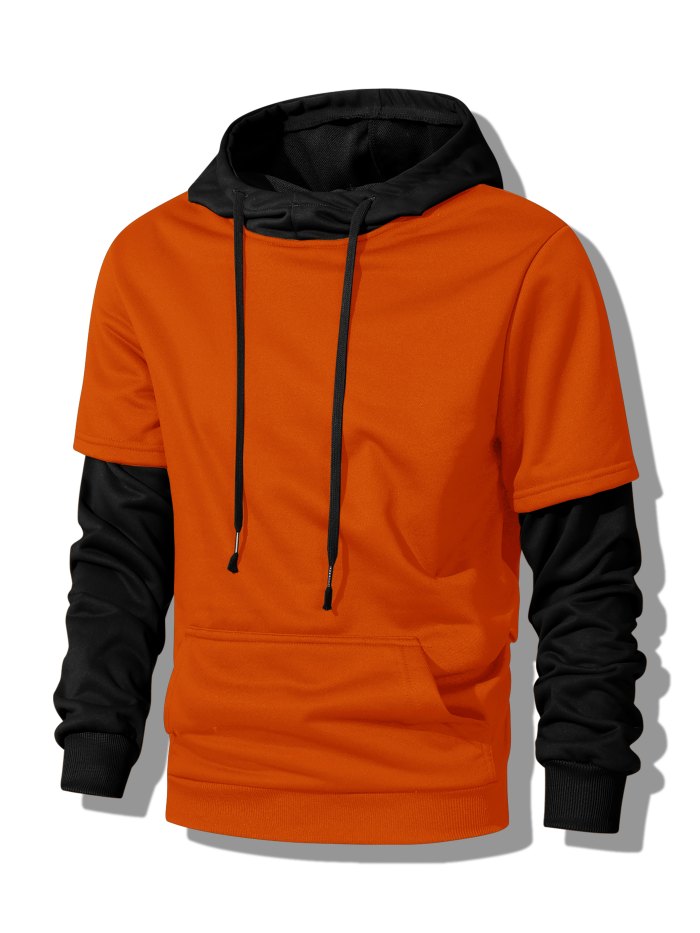 Faux Two-piece Hoodie, Cool Hoodies For Men, Men's Casual Color Block Design Pullover Hooded Sweatshirt With Kangaroo Pocket Streetwear For Winter Fall, As Gifts