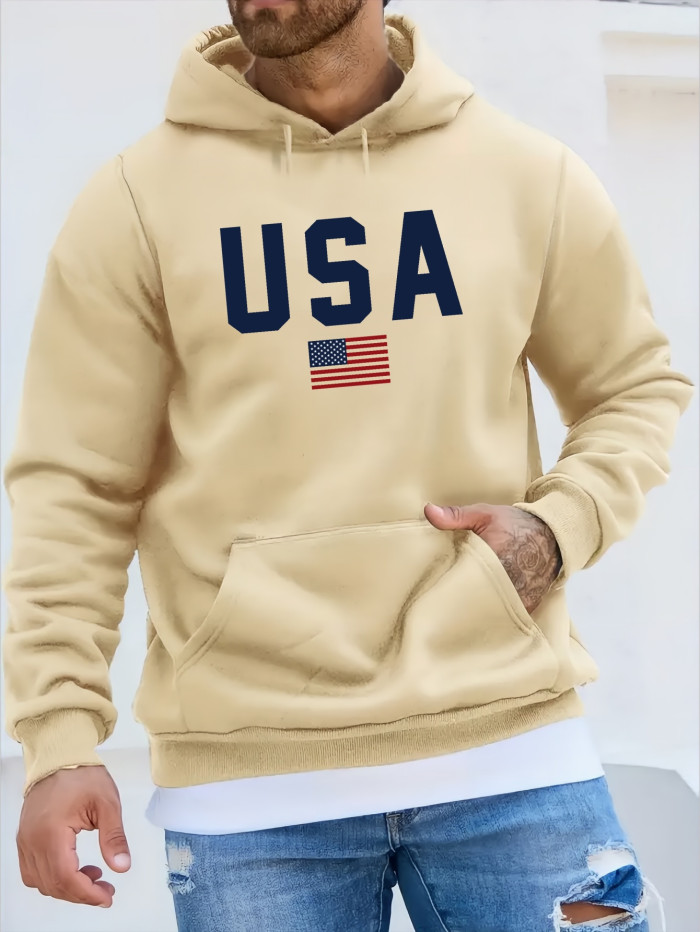 USA Print Hoodie, Cool Hoodies For Men, Men's Casual Pullover Hooded Sweatshirt With Kangaroo Pocket Streetwear For Winter Fall, As Gifts