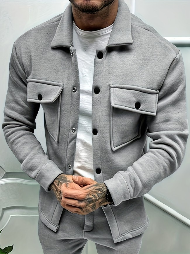 Men's Solid Fleece Jacket With Chest Pockets, Casual Breathable Lapel Button Up Long Sleeve Outwear For Outdoor Activities