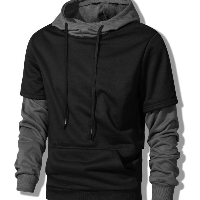 Faux Two-piece Hoodie, Cool Hoodies For Men, Men's Casual Color Block Design Pullover Hooded Sweatshirt With Kangaroo Pocket Streetwear For Winter Fall, As Gifts