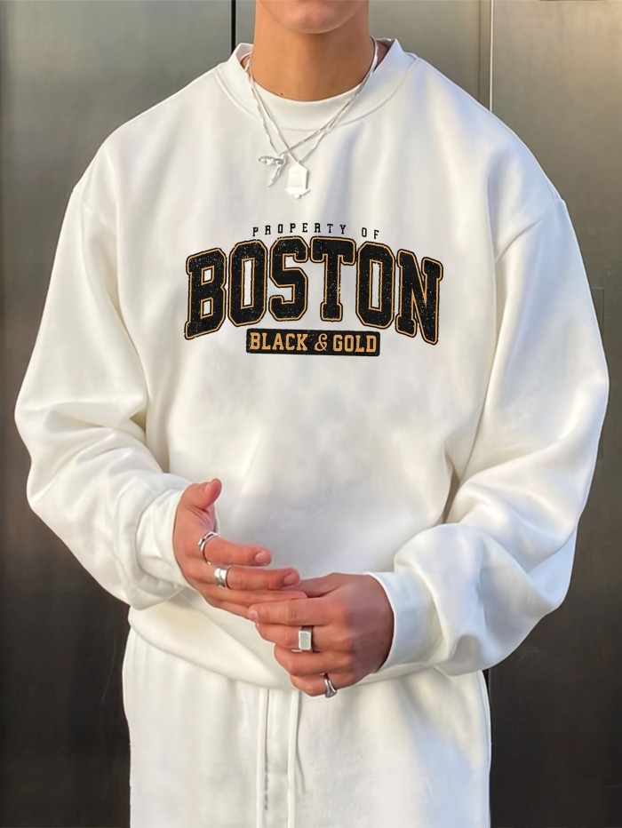 BOSTON Print Fashionable Men's Casual Long Sleeve Crew Neck Pullover Sweatshirt