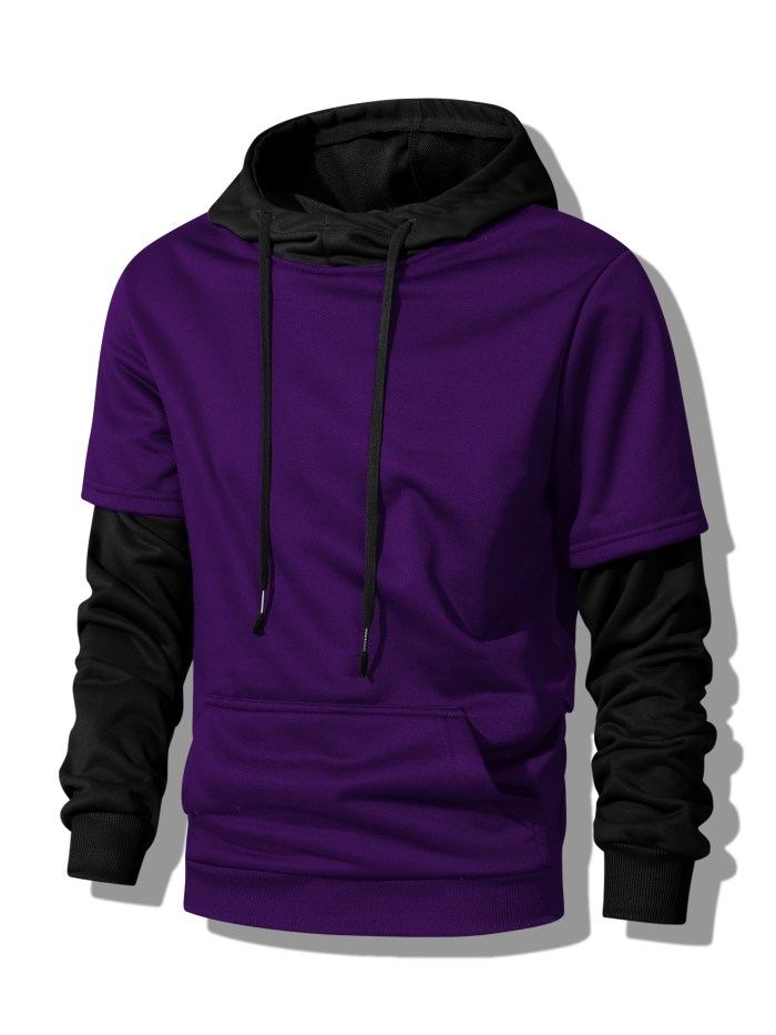 Faux Two-piece Hoodie, Cool Hoodies For Men, Men's Casual Color Block Design Pullover Hooded Sweatshirt With Kangaroo Pocket Streetwear For Winter Fall, As Gifts