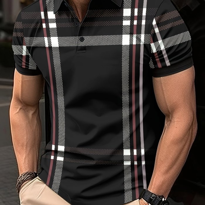 Retro Classic Plaid Print Men's Short Sleeve Lapel Shirt For Summer Outdoor