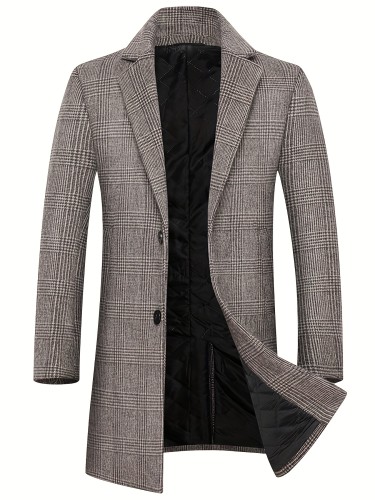 Men's Elegant Woolen Trench Coat, Casual Elegant Single Breasted Retro Plaid Overcoat For Fall Winter