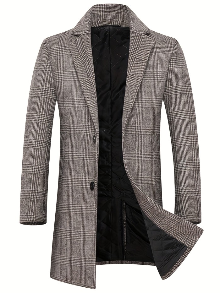 Men's Elegant Woolen Trench Coat, Casual Elegant Single Breasted Retro Plaid Overcoat For Fall Winter