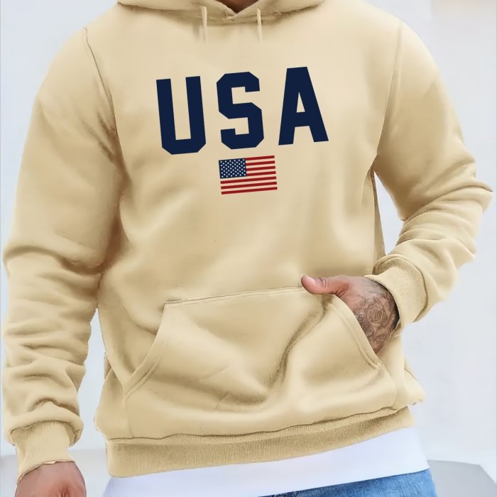 USA Print Hoodie, Cool Hoodies For Men, Men's Casual Pullover Hooded Sweatshirt With Kangaroo Pocket Streetwear For Winter Fall, As Gifts
