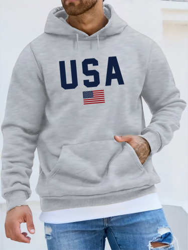 USA Print Hoodie, Cool Hoodies For Men, Men's Casual Pullover Hooded Sweatshirt With Kangaroo Pocket Streetwear For Winter Fall, As Gifts