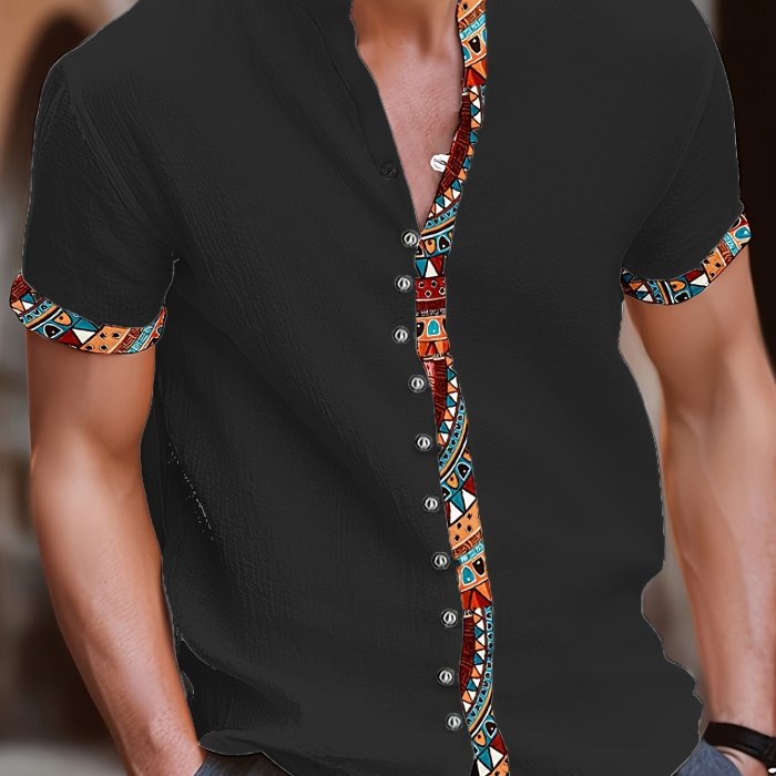 Men's Color Block Ethnic Style Patchwork Short Sleeve Button Down Stand Collar Shirt For Summer Resort Holiday, Hawaiian Style Cardigan