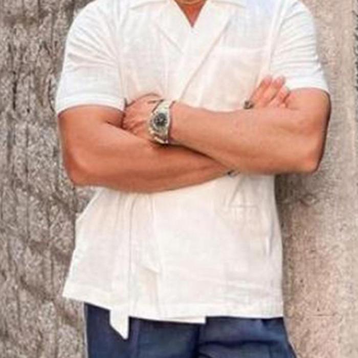 Solid Casual Men's Cotton Comfy V-neck Shirt With Knot For Summer Vacation, Men's Blouse, K-pop