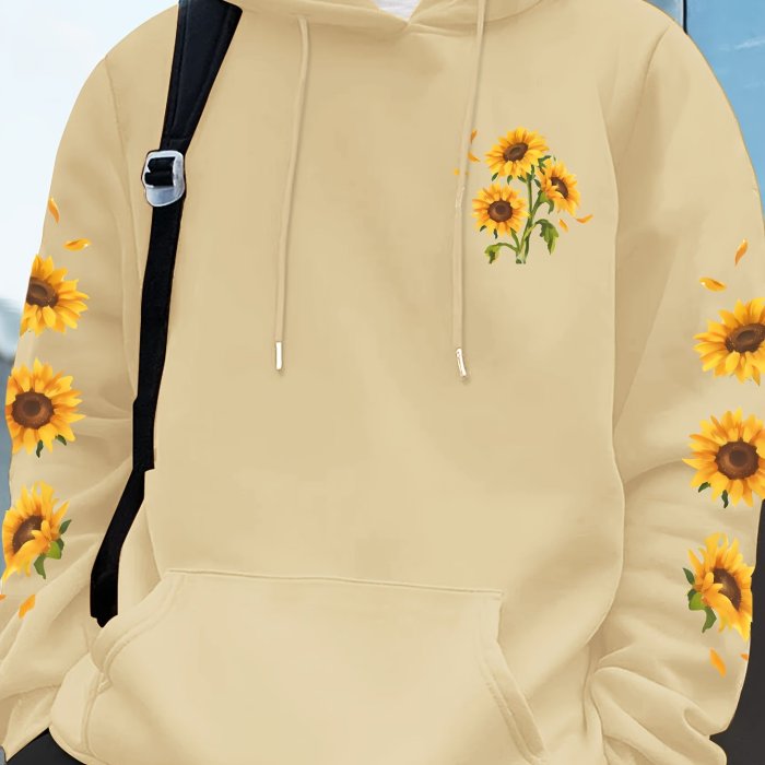 Sunflower Print Men's Pullover Round Neck Hoodies With Kangaroo Pocket Long Sleeve Hooded Sweatshirt Loose Casual Top For Autumn Winter Men's Clothing As Gifts