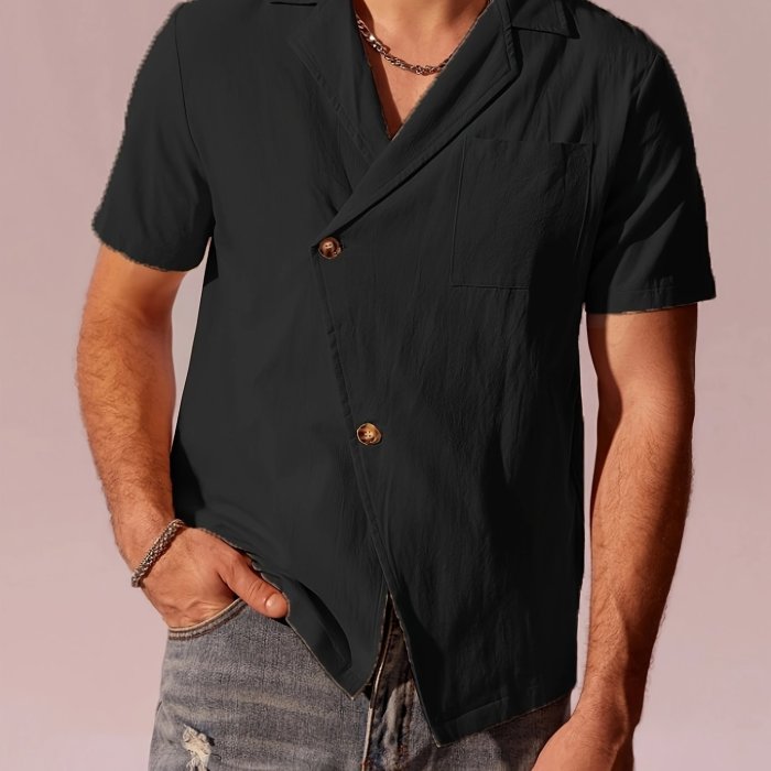 Men's Casual Beige Short Sleeve Shirt, 100% Cotton Breathable Top With Unique Design, Classic Versatile, Simple Fashion, Street Style For Spring Summer