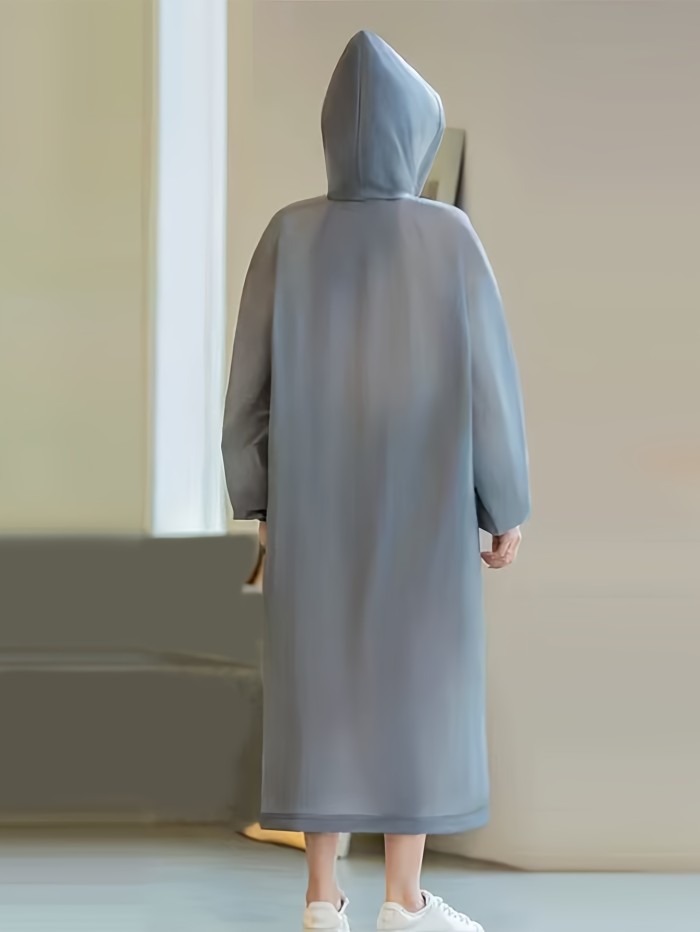 Unisex Solid Hooded Long EVA Raincoat With Long Sleeve And Button Up Placket, Waterproof And Versatile Jacket