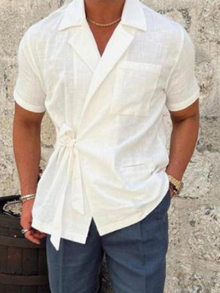 Solid Casual Men's Cotton Comfy V-neck Shirt With Knot For Summer Vacation, Men's Blouse, K-pop