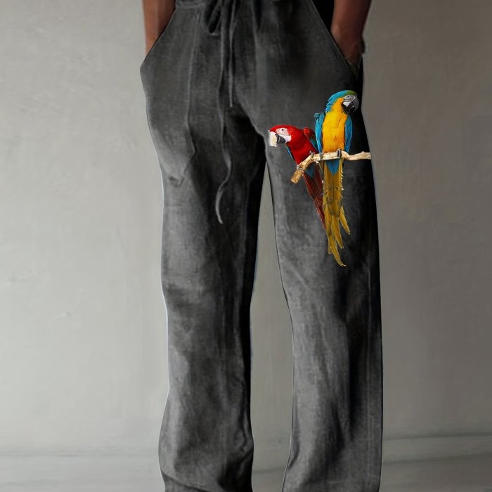 Colorful Parrot Pattern Casual Woven Fabric Loose Fit Graphic Drawstring Pants, Men's Clothes For Spring Summer