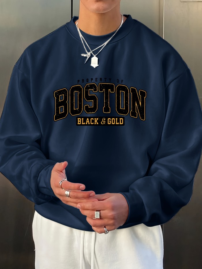 BOSTON Print Fashionable Men's Casual Long Sleeve Crew Neck Pullover Sweatshirt