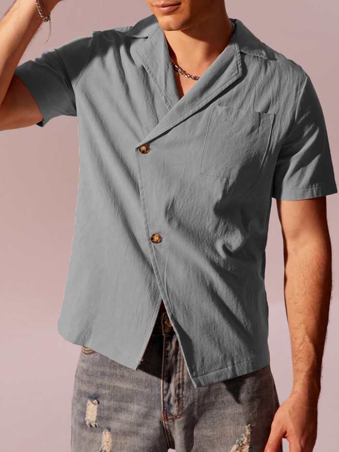 Men's Casual Beige Short Sleeve Shirt, 100% Cotton Breathable Top With Unique Design, Classic Versatile, Simple Fashion, Street Style For Spring Summer
