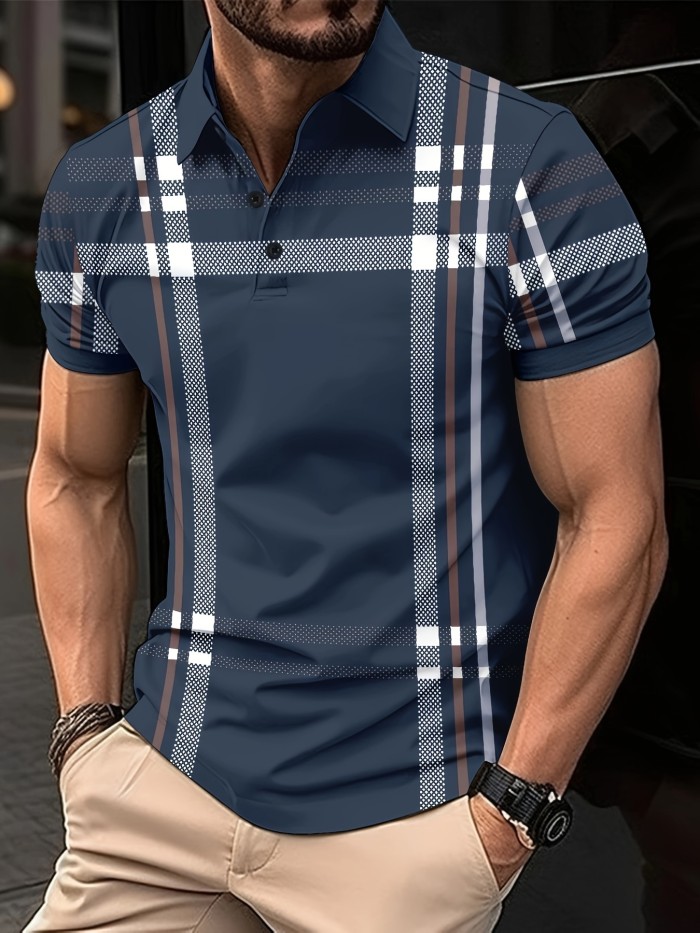 Retro Classic Plaid Print Men's Short Sleeve Lapel Shirt For Summer Outdoor
