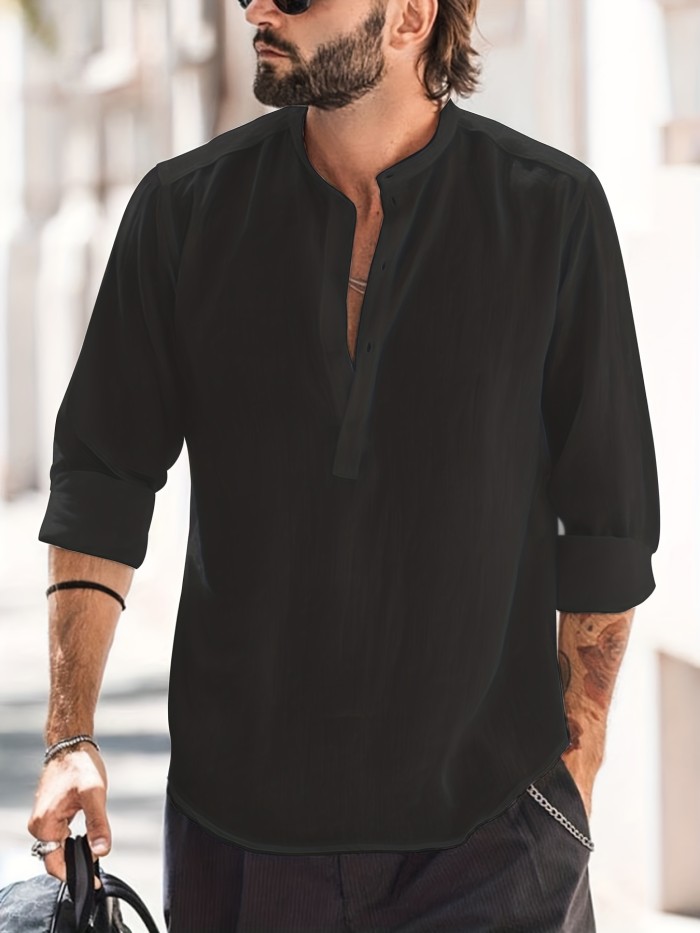 Classic Design Cotton Boat Neck Henley Shirt, Men's Casual Fit Vintage Style Long Sleeve Top For Spring Fall