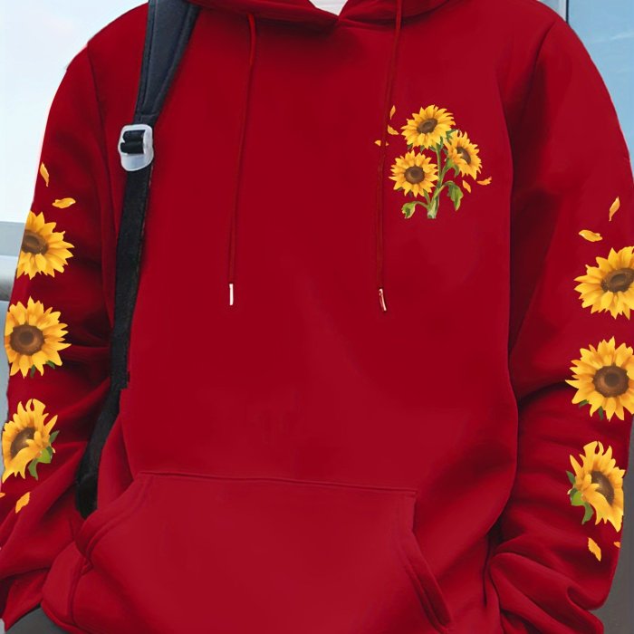 Sunflower Print Men's Pullover Round Neck Hoodies With Kangaroo Pocket Long Sleeve Hooded Sweatshirt Loose Casual Top For Autumn Winter Men's Clothing As Gifts