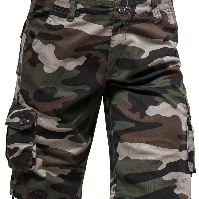Solid Cotton Street Style Men's Casual Camo Pattern Cargo Shorts With Pocket, Men's Outfits