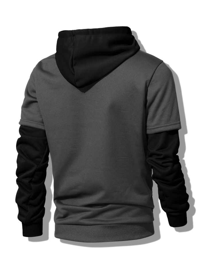 Faux Two-piece Hoodie, Cool Hoodies For Men, Men's Casual Color Block Design Pullover Hooded Sweatshirt With Kangaroo Pocket Streetwear For Winter Fall, As Gifts