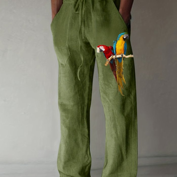 Colorful Parrot Pattern Casual Woven Fabric Loose Fit Graphic Drawstring Pants, Men's Clothes For Spring Summer